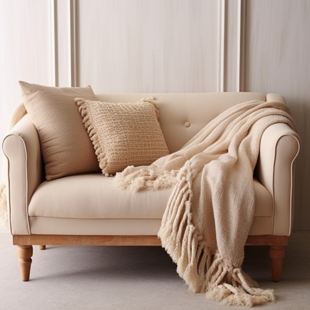 beige boucle loveseat with chenille throw