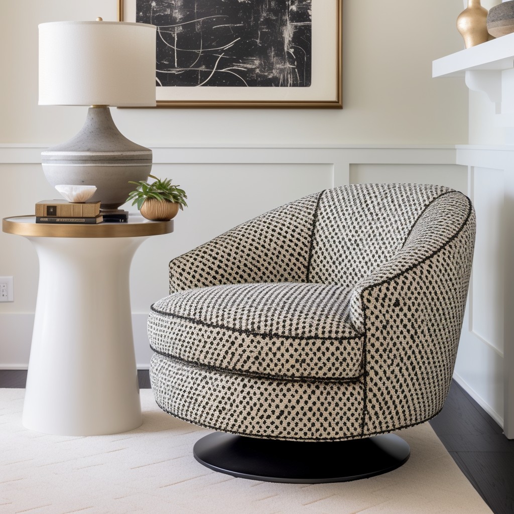 black and white patterned boucle swivel chair