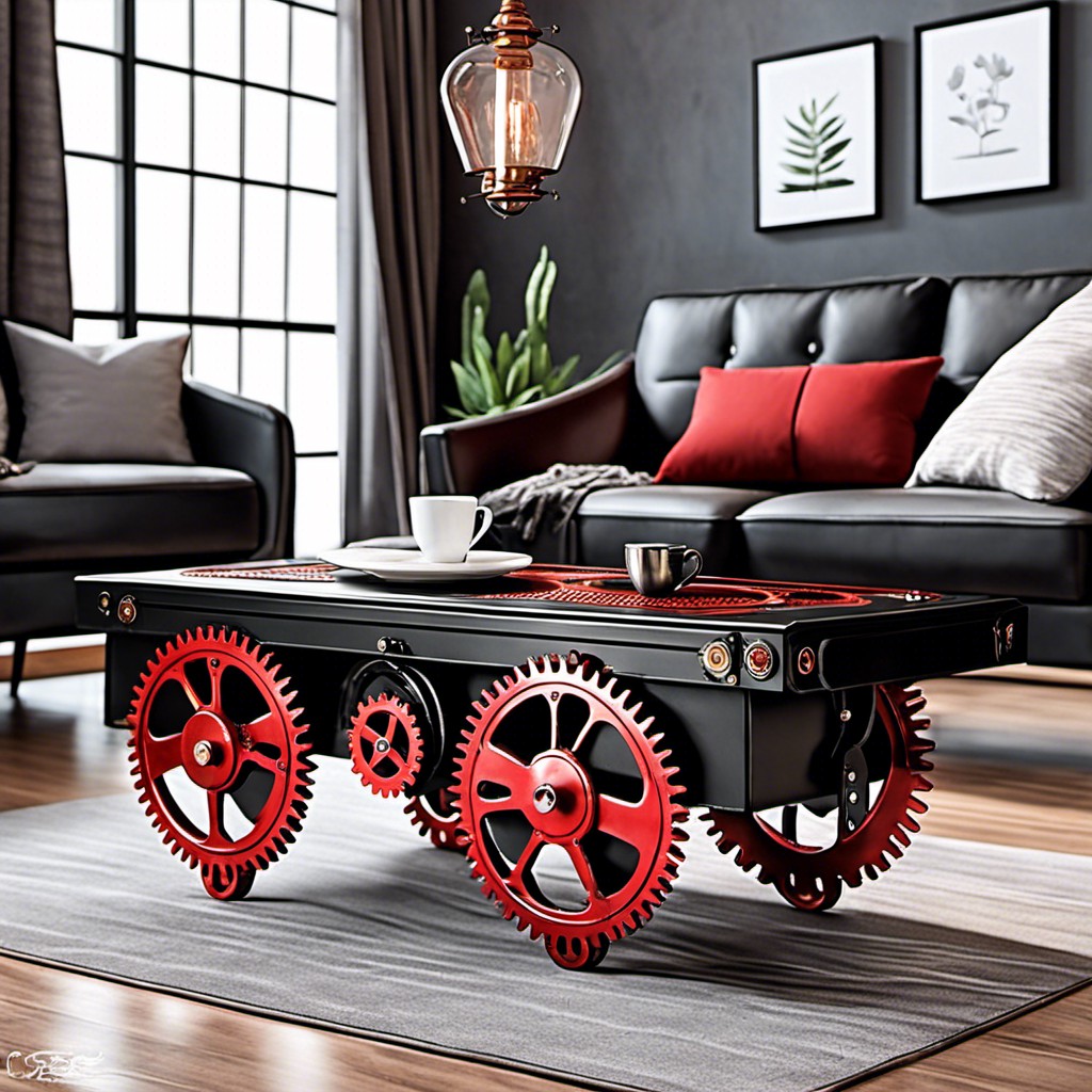 black steampunk coffee table with red gear details