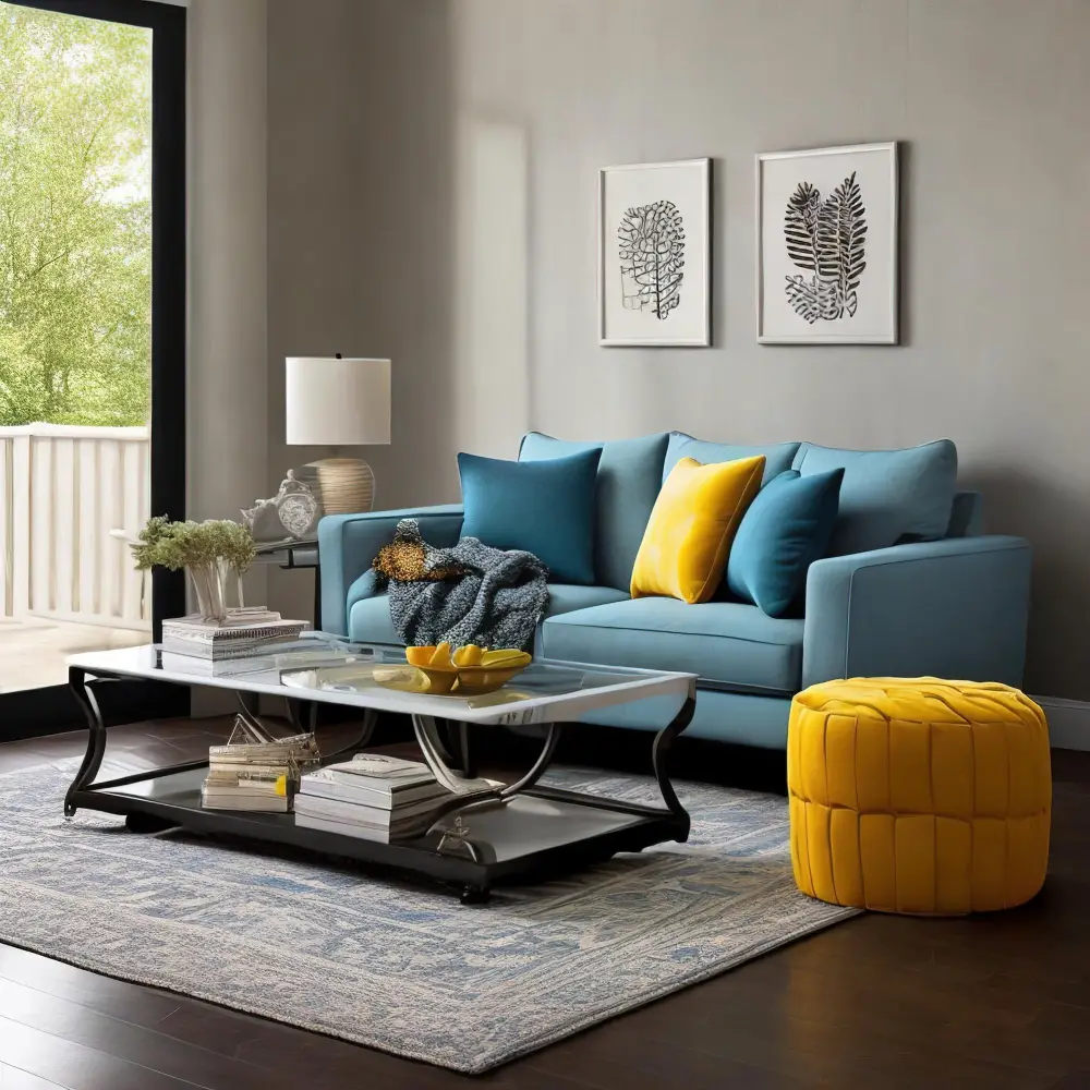 blue couch yellow ottoman