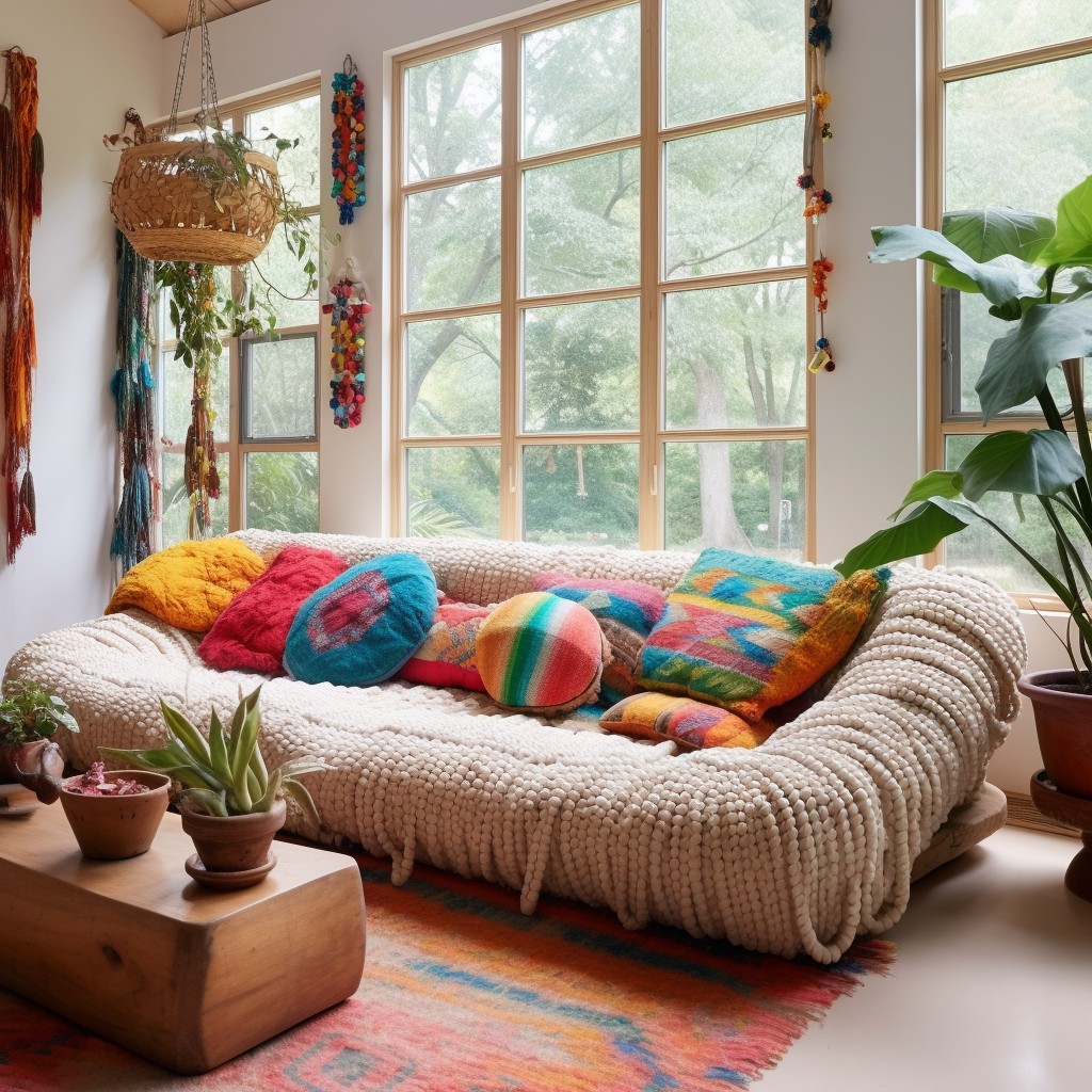 bohemian style living room with big boucle sofa