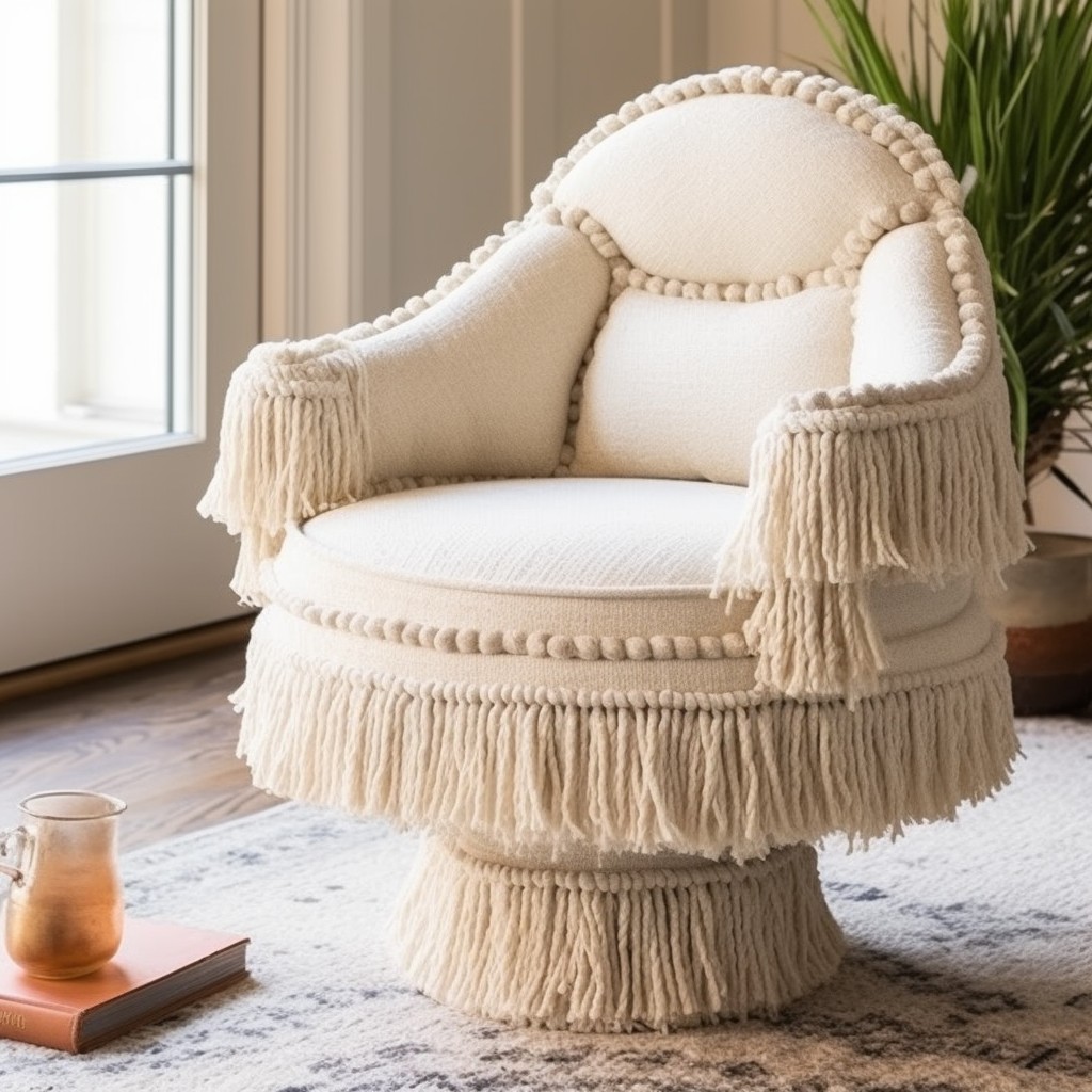 boho themed boucle swivel chair with fringe accents
