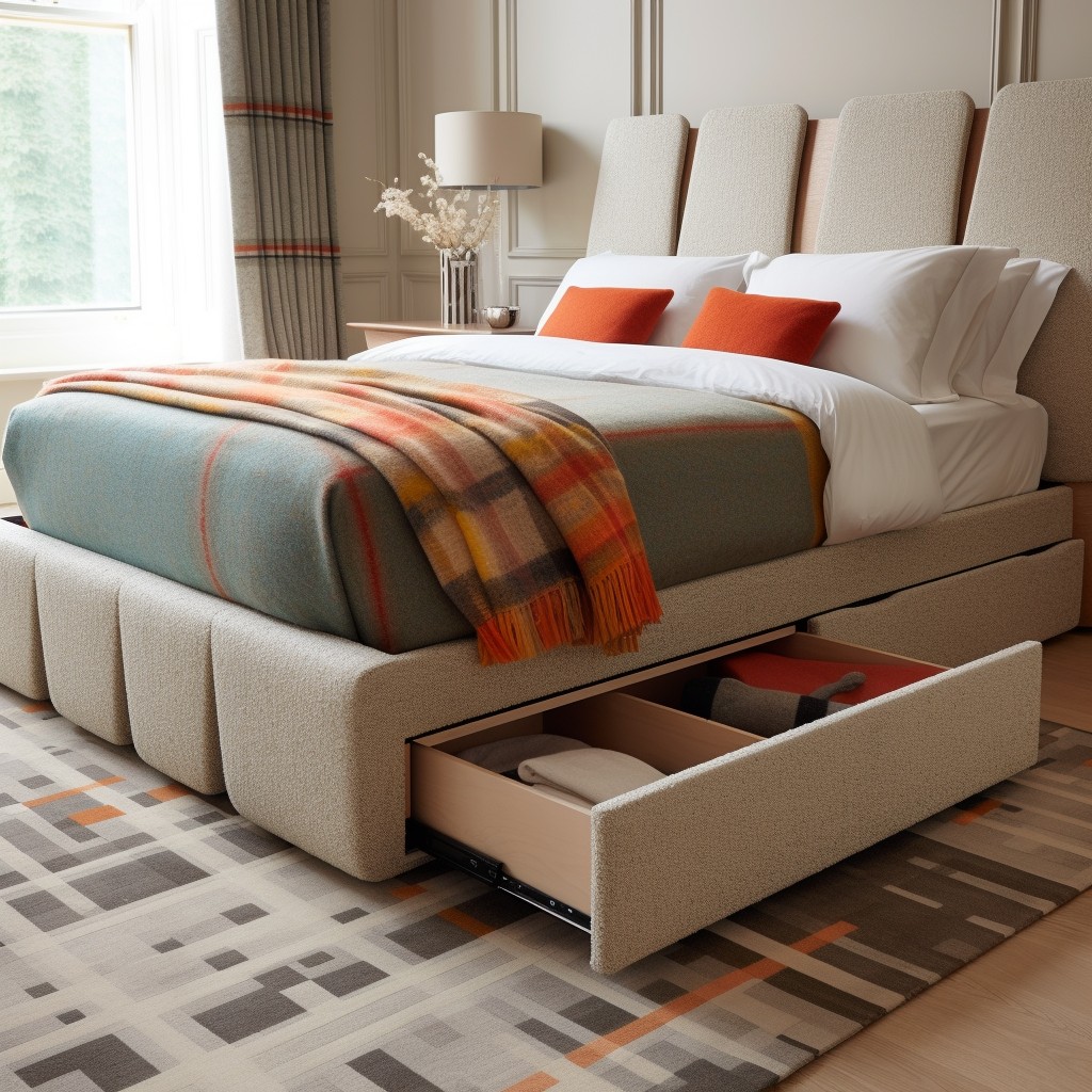 boucle bed with hidden storage spaces