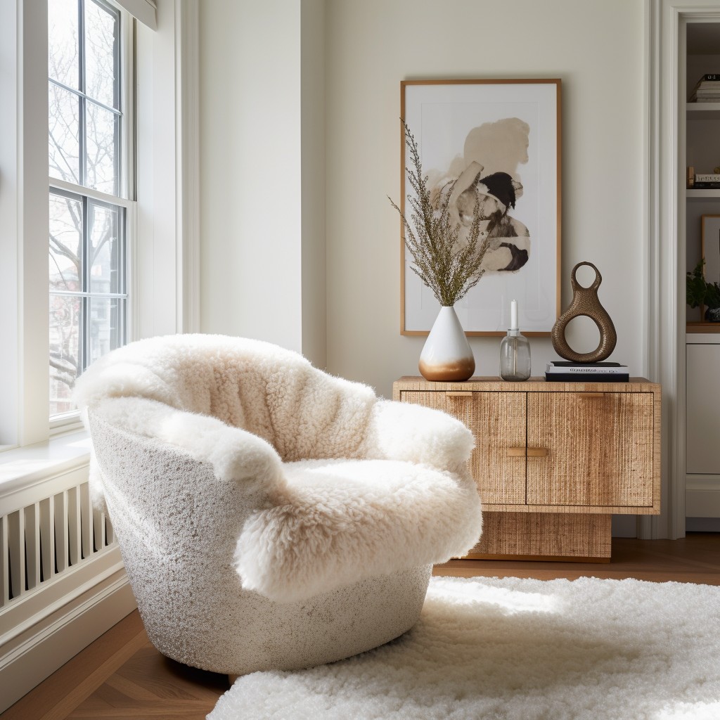 boucle chair paired with a fur rug