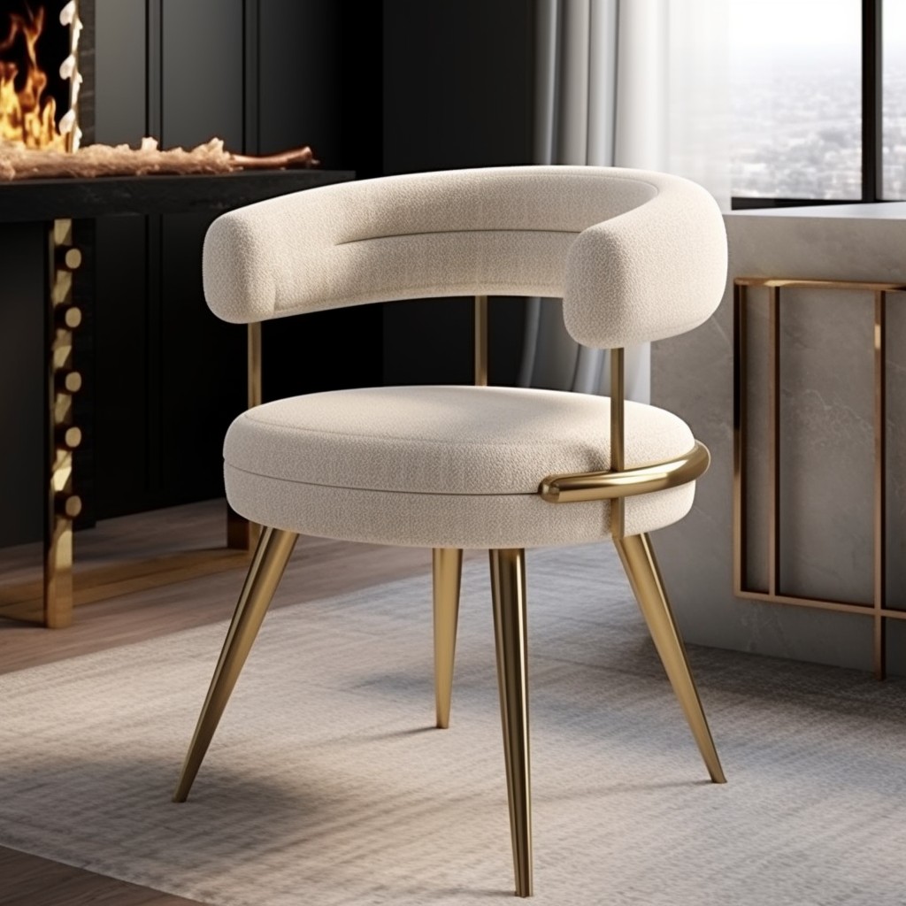 boucle dining chair with brass accents