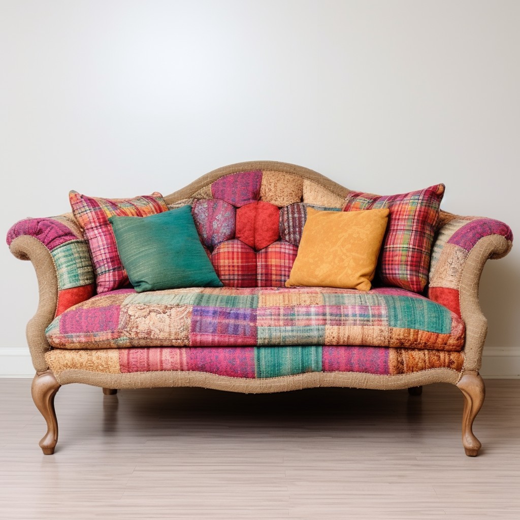 boucle loveseat with patterned pillows