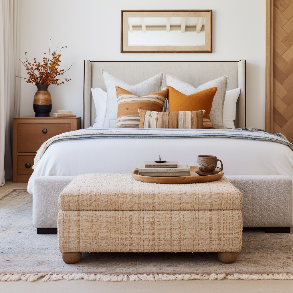 boucle ottoman at the foot of the bed for a cozy feel