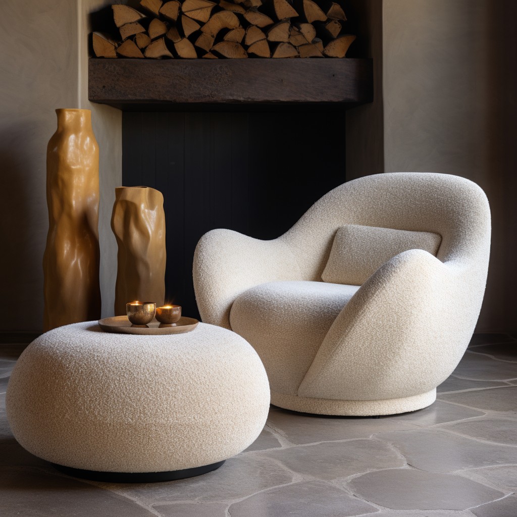 boucle swivel chair with a matching footrest