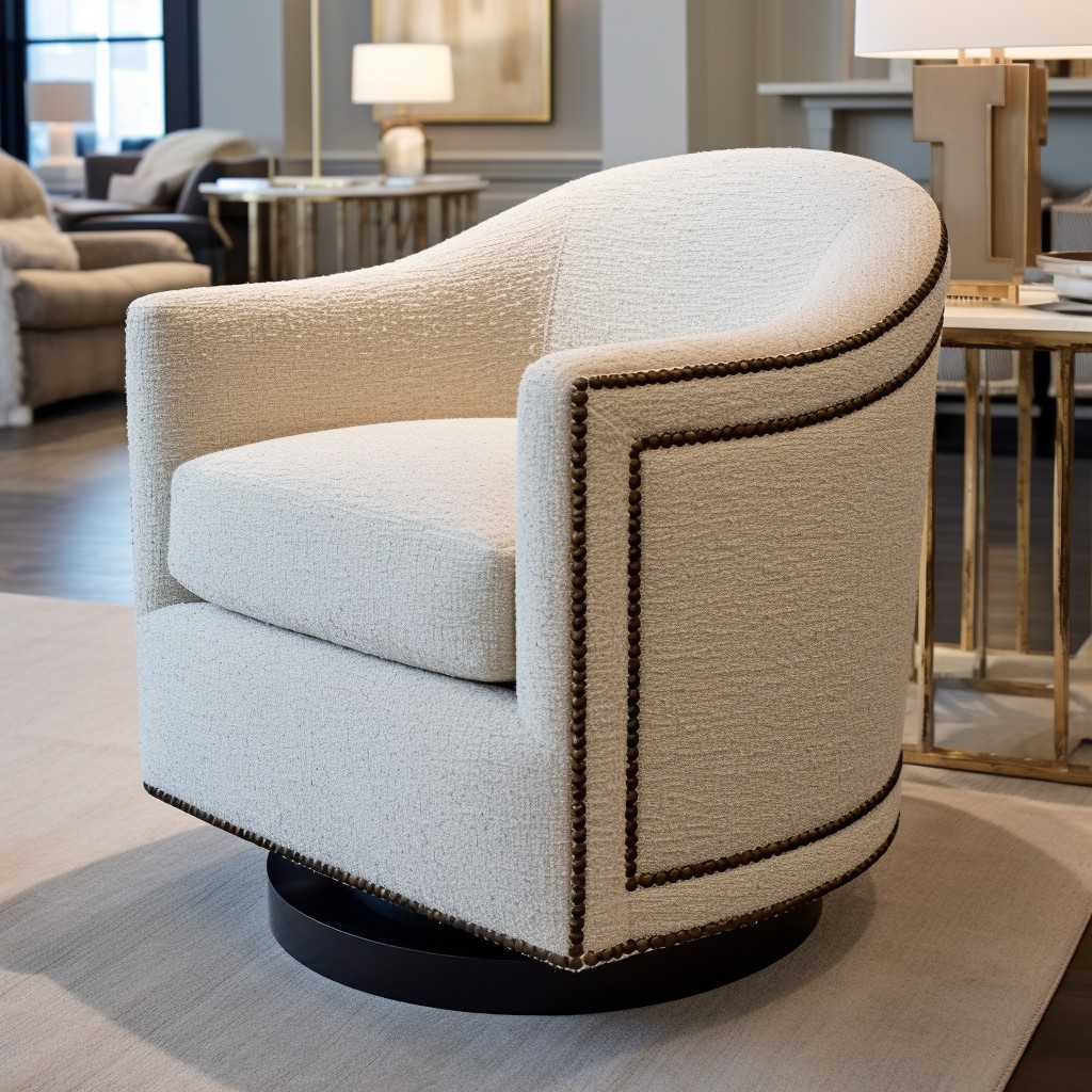 boucle swivel chair with bold contrasting trim