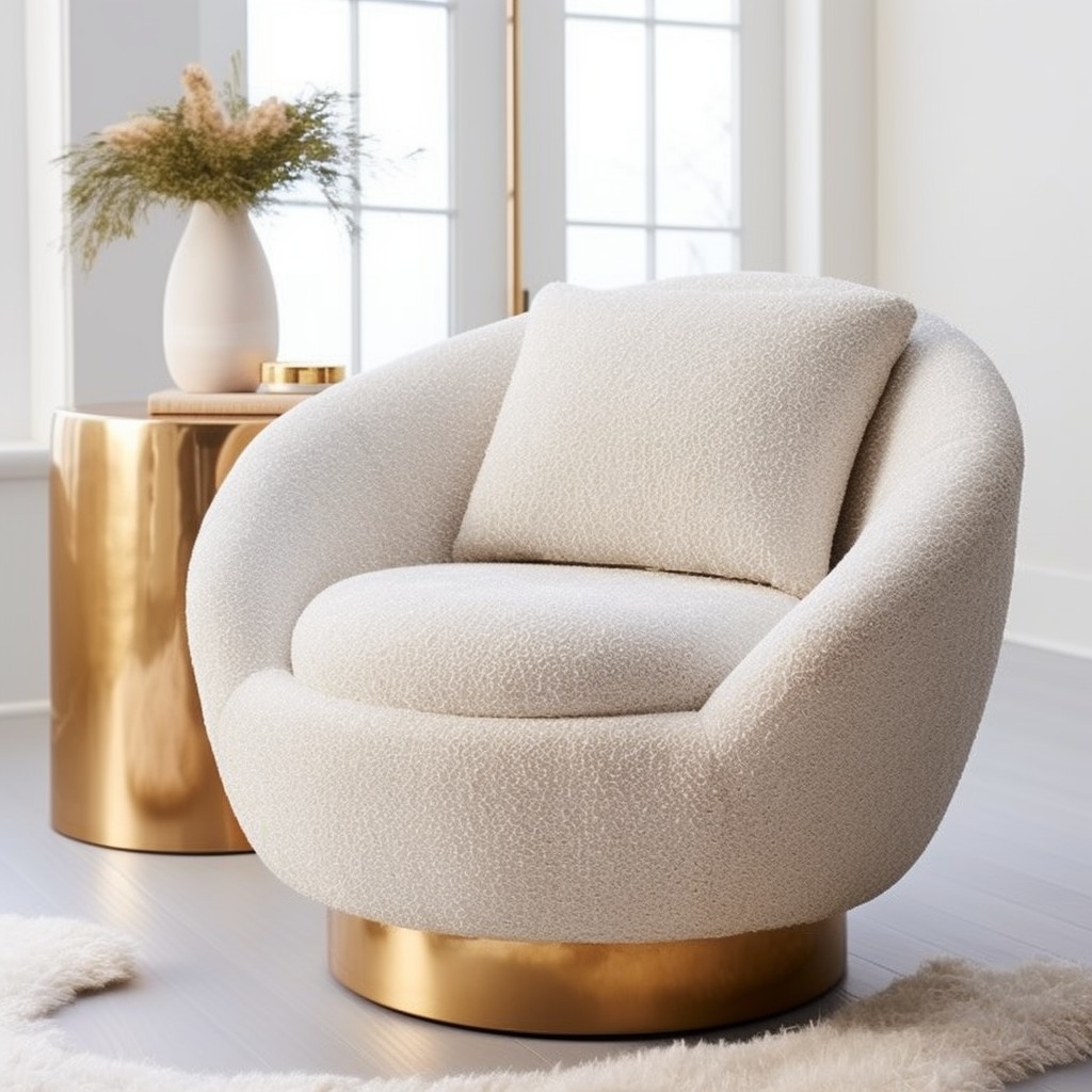 boucle swivel chair with metallic accents