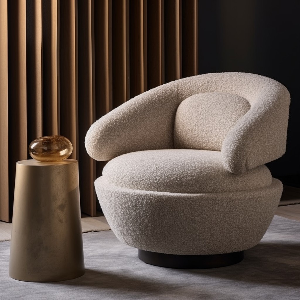 boucle swivel chair with wooden details