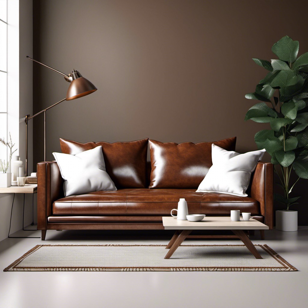 brown leather couch with white throw pillows