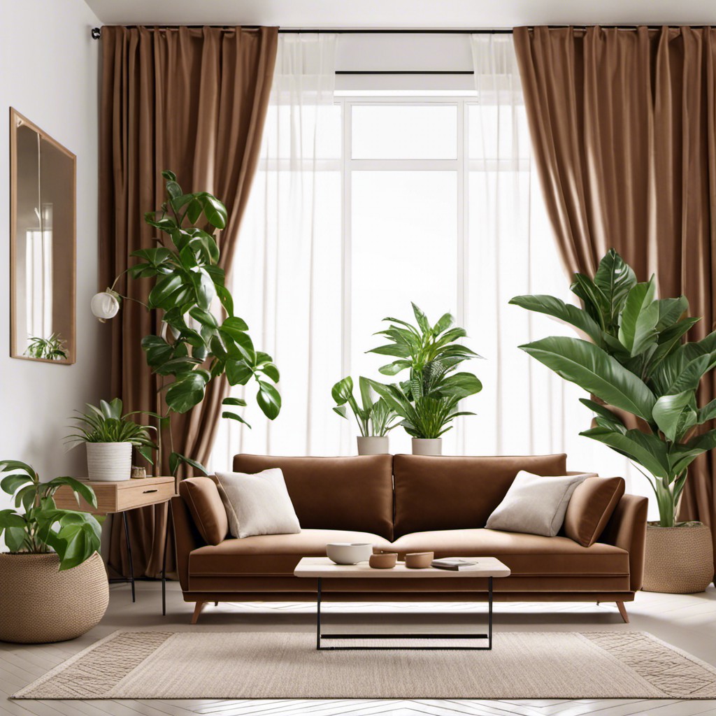 coffee colored couch white curtains amp plants for a fresh look