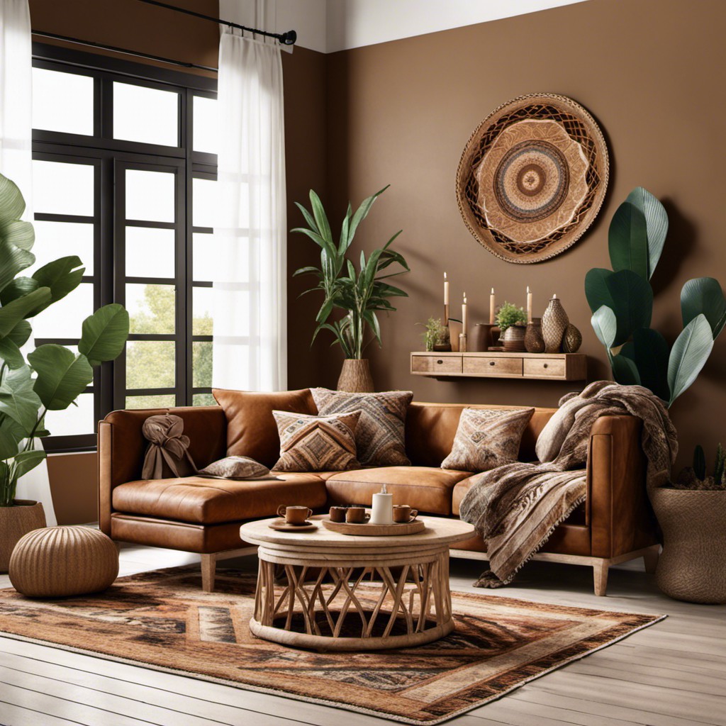 coffee colored couch with bohemian style decor