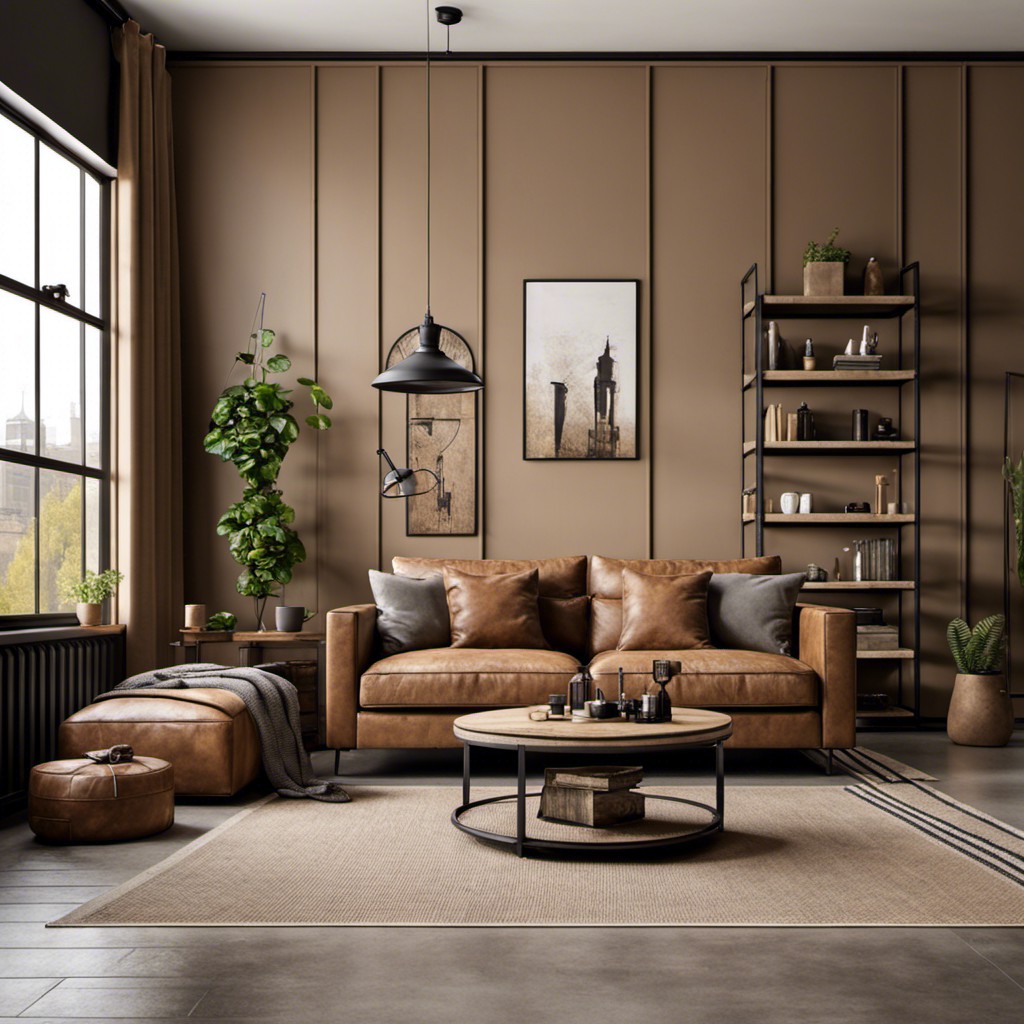 coffee colored couch with industrial style living room
