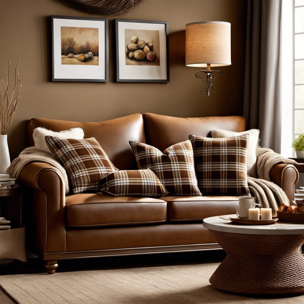 coffee colored couch with plaid throw pillows