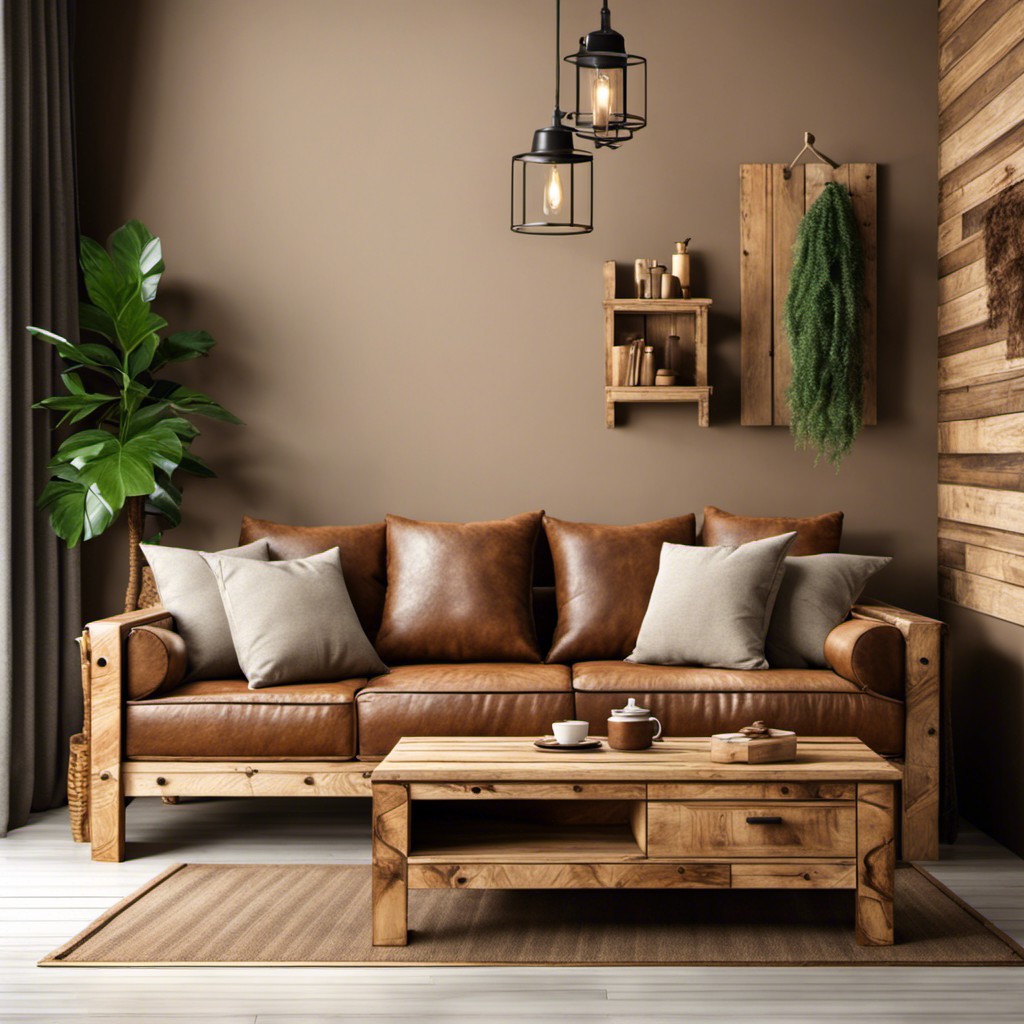 coffee colored couch with rustic wooden furniture
