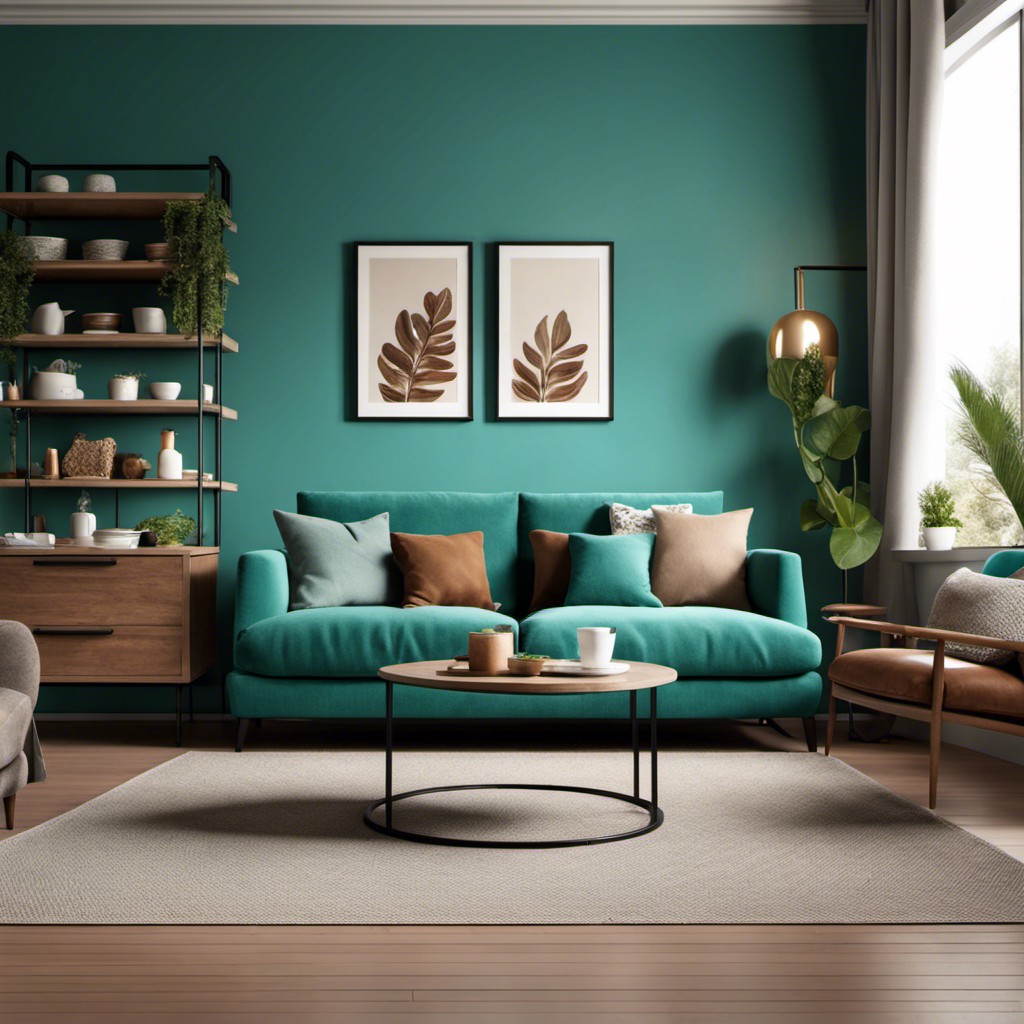 coffee colored couch with teal accents