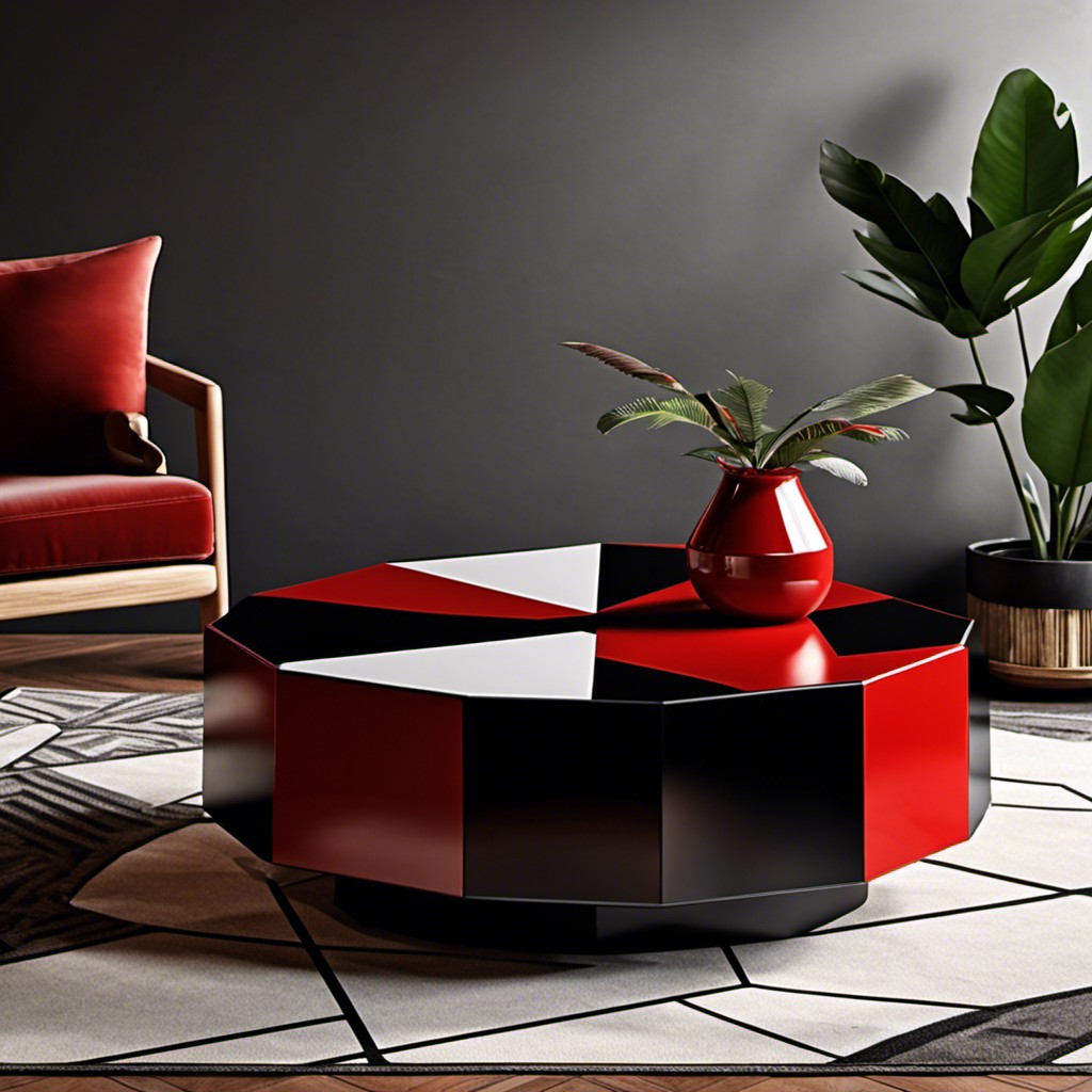 coffee table with balanced red and black geometric design