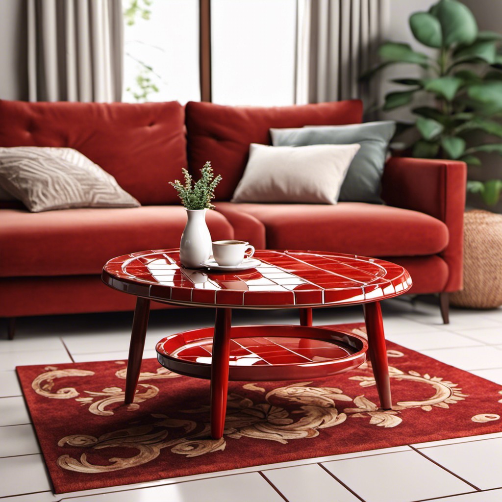 coffee table with red ceramic tile top