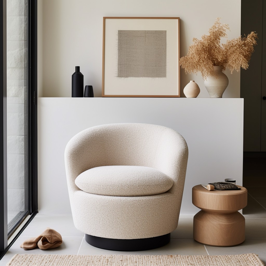 compact boucle swivel chair for small spaces