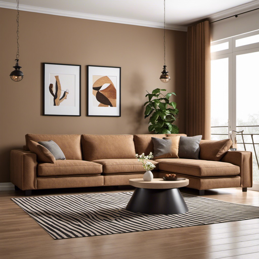 contemporary living room with coffee colored couch