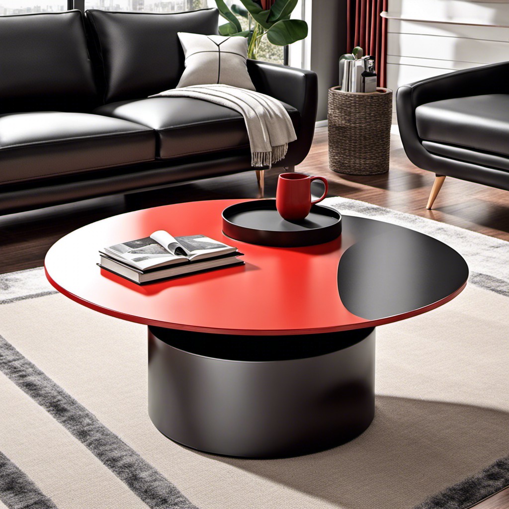 contemporary round black coffee table with a red base
