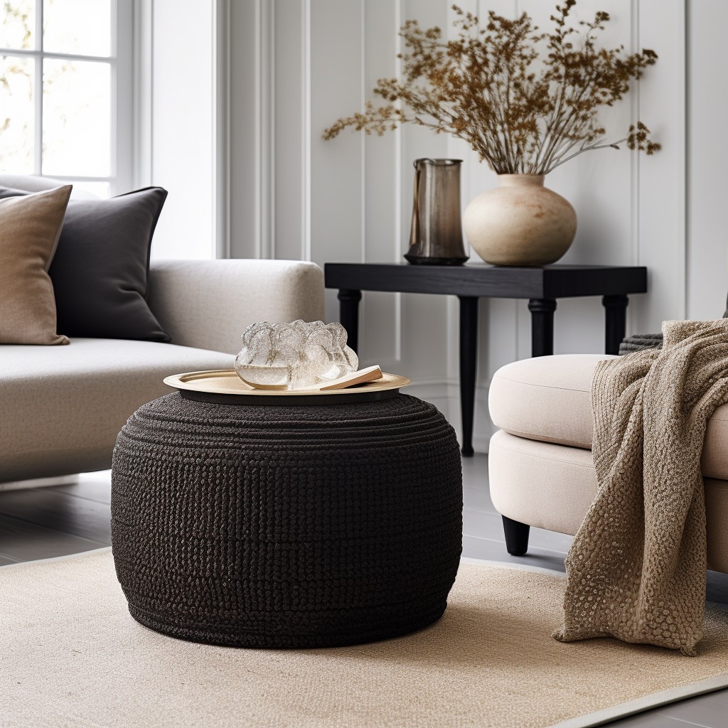 dark boucle ottoman to contrast light interiors