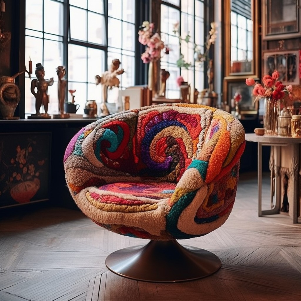 embroidered boucle swivel chair for an artsy touch