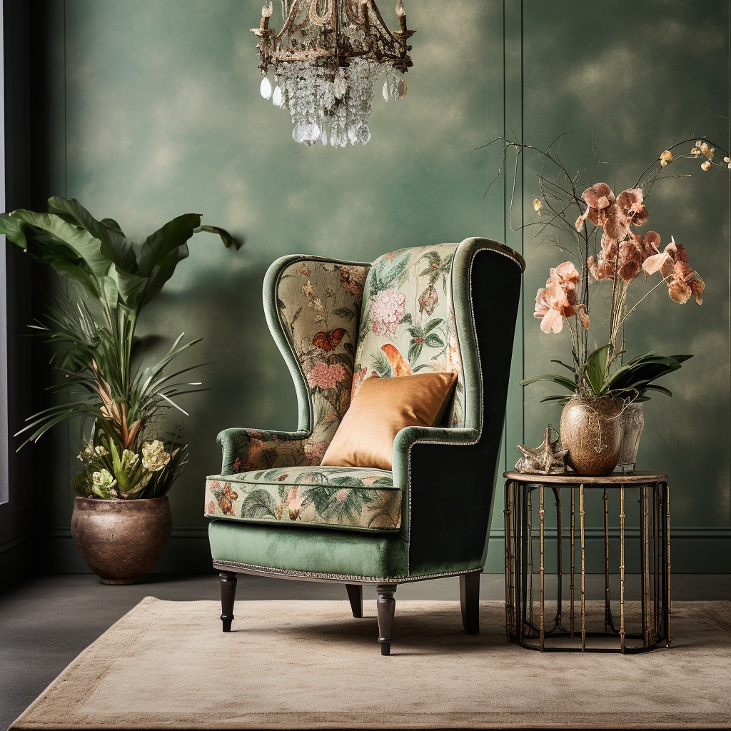 feature a boucle accent chair in a botanical inspired setting