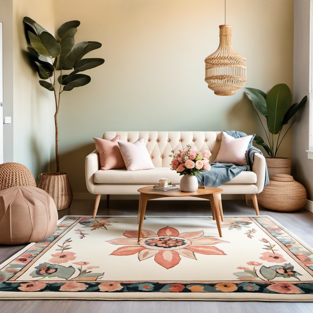 floral patterned rug in pastel tones
