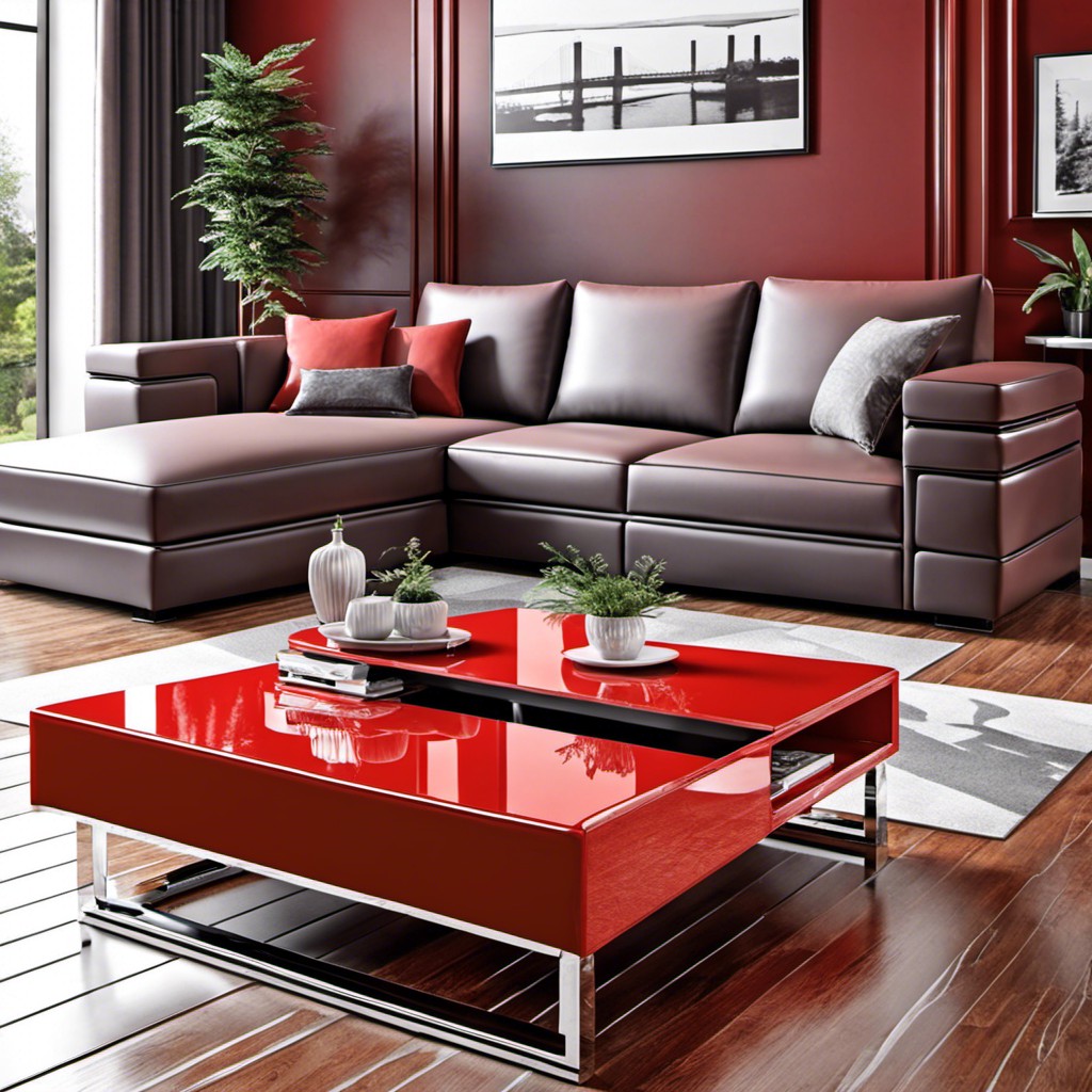 glossy red coffee table with chrome legs