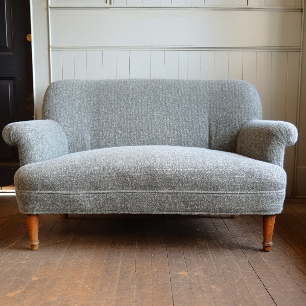 gray boucle loveseat with wooden legs