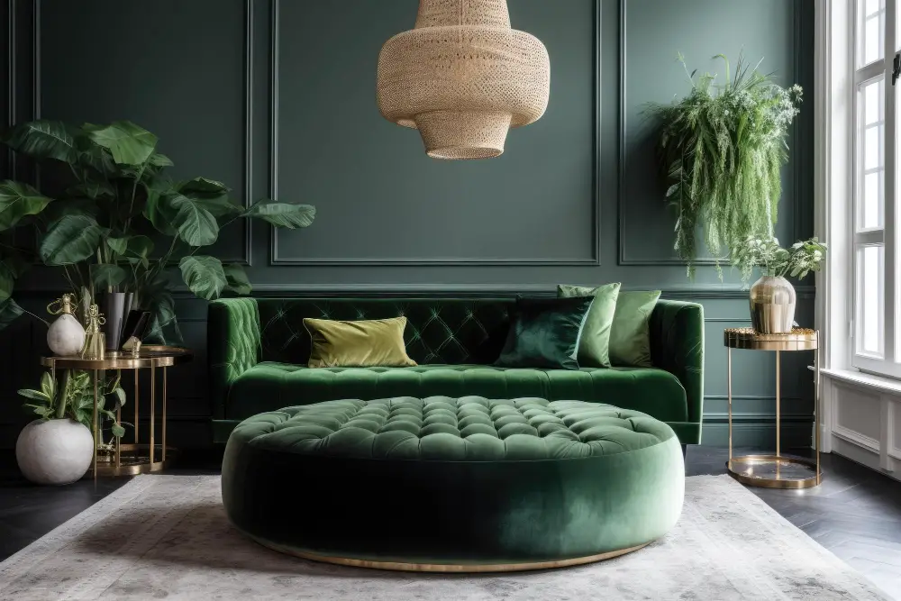 green velvet sofa couch and a round green ottoman 