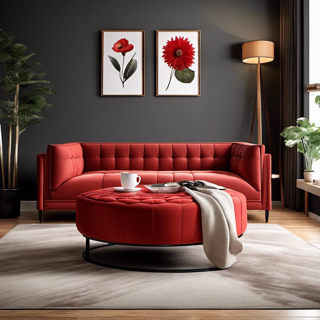 large red ottoman used as a coffee table