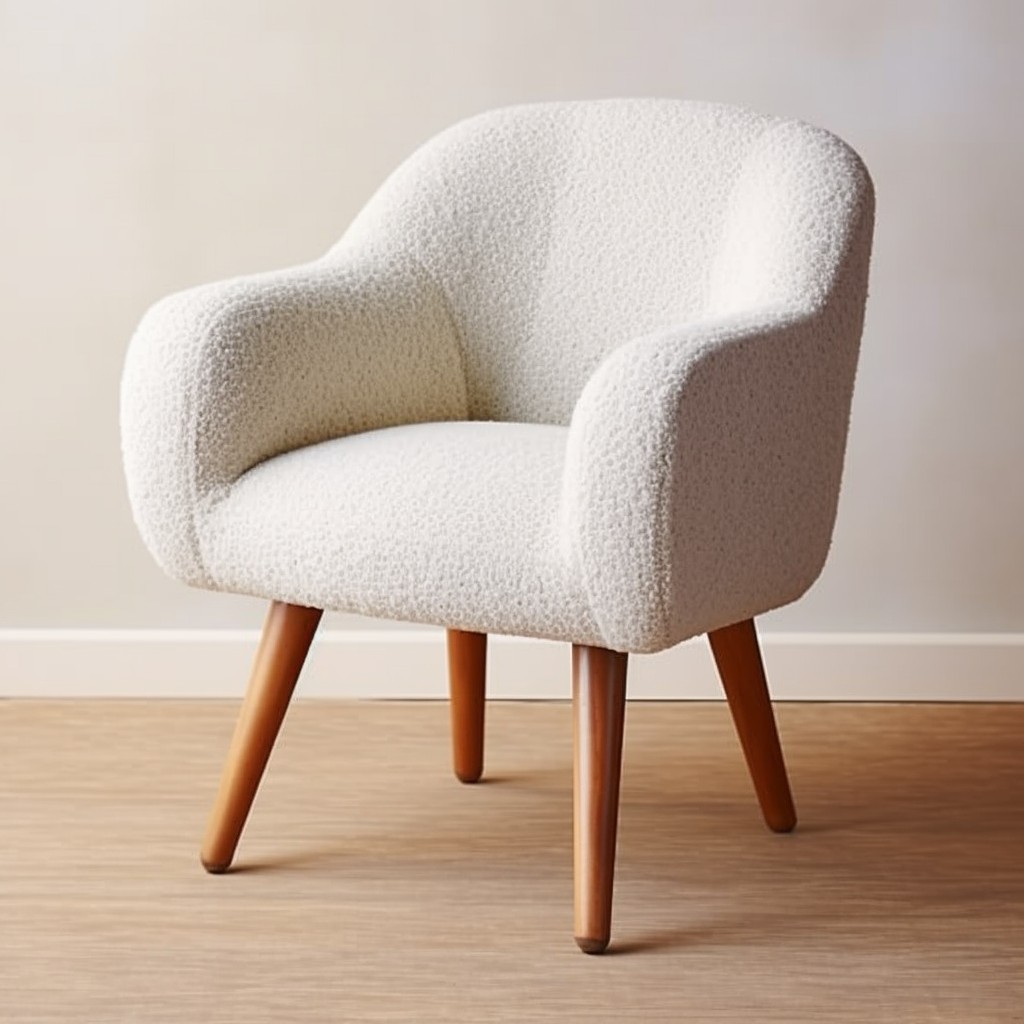 mid century modern inspired boucle accent chair with wooden legs