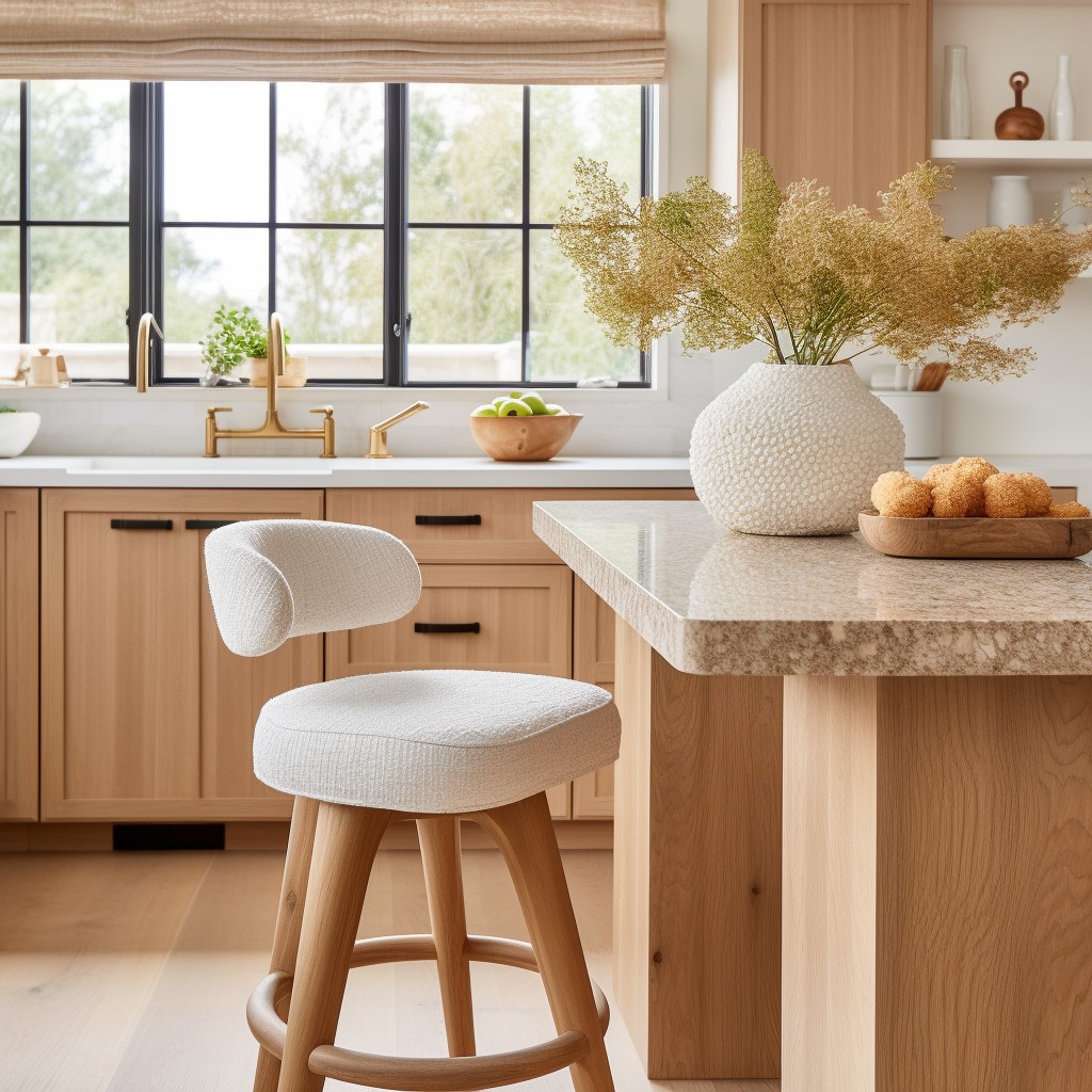 natural wood and boucle stools