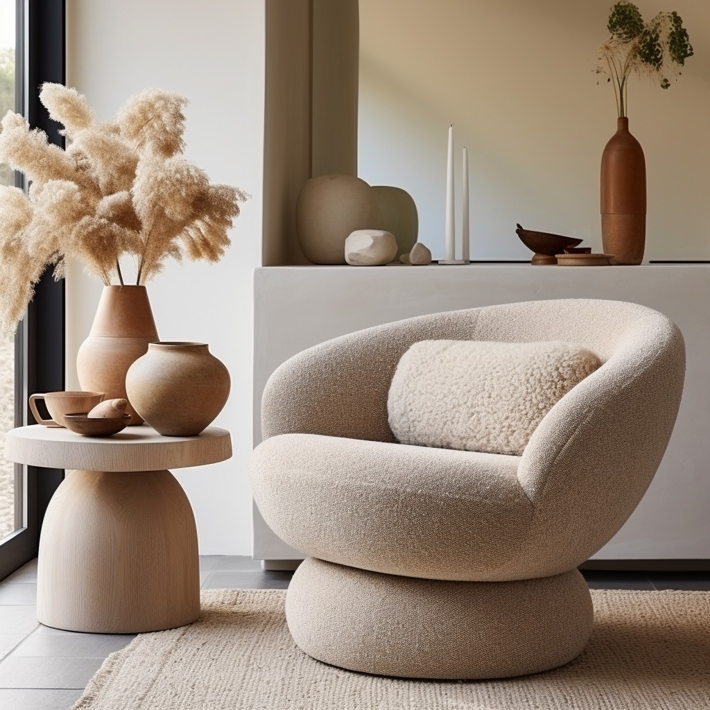 neutral colored boucle swivel chair for scandinavian decor