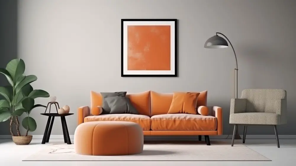orange sofa couch and orange ottoman