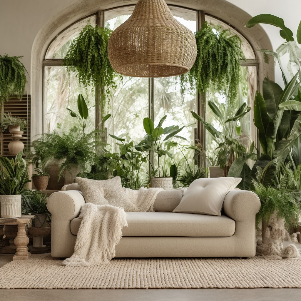 pairing a beige boucle sofa with green plants