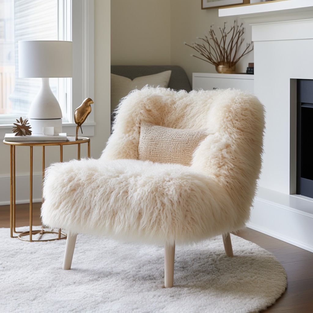 pairing boucle accent chair with a faux fur rug
