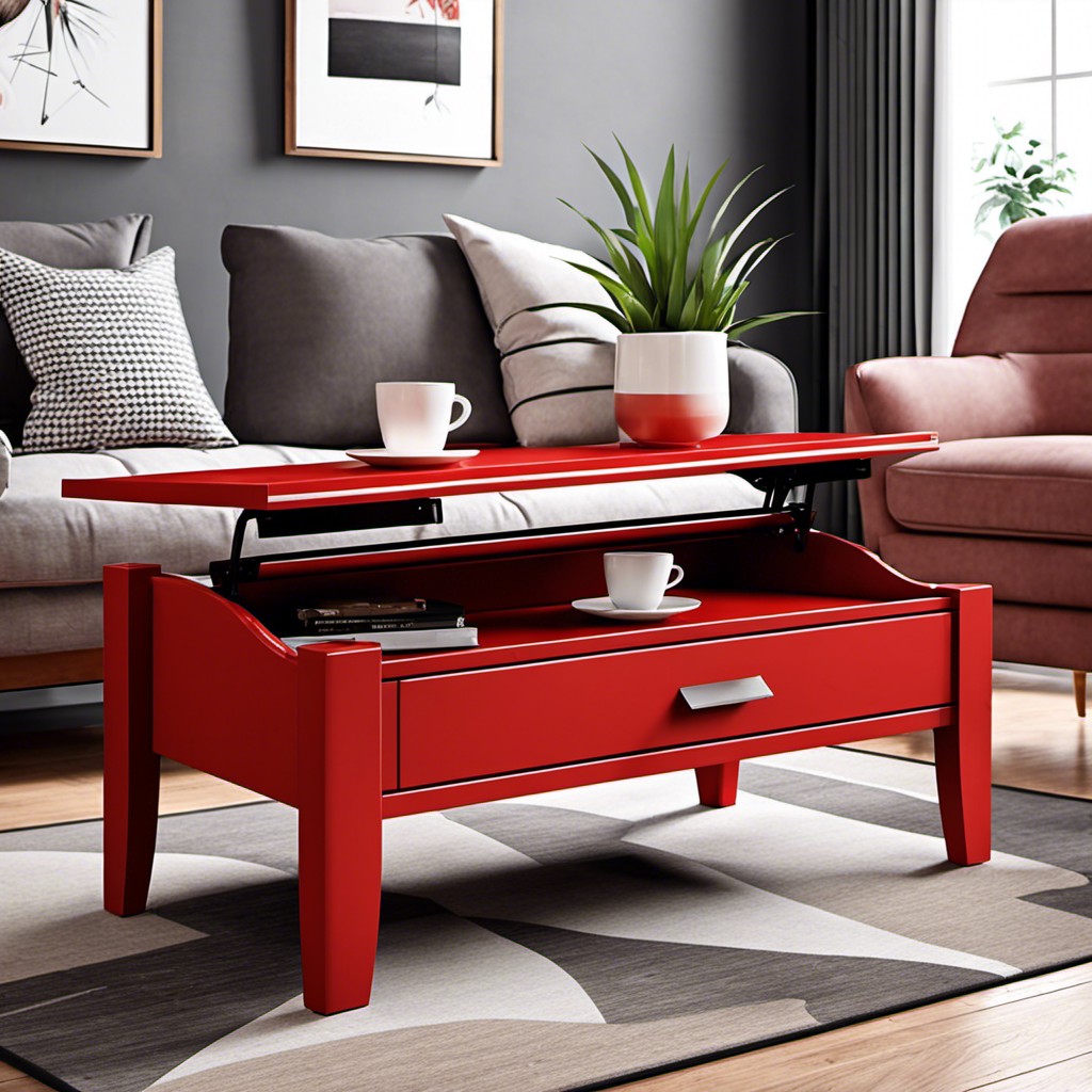 red coffee table with open shelf storage