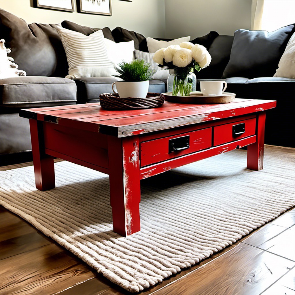 red distressed farmhouse style coffee table