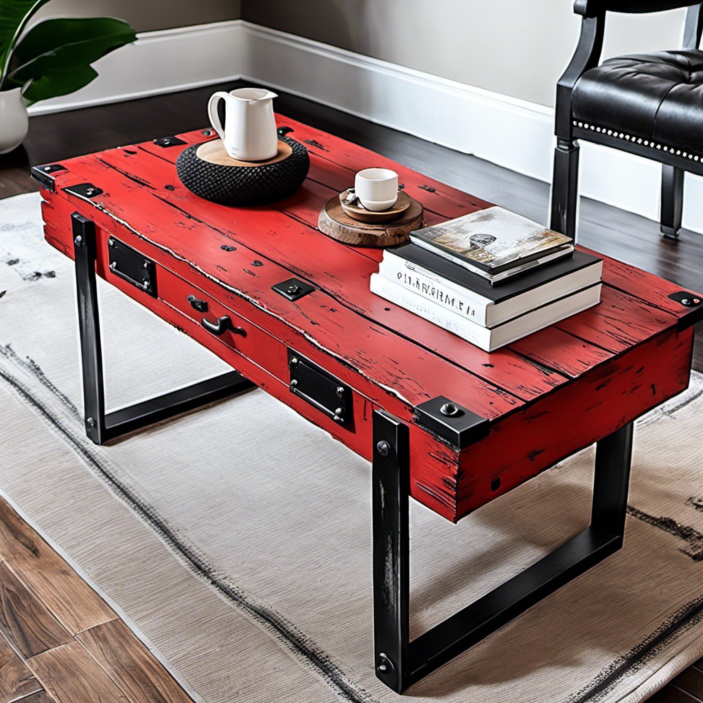 red distressed wood coffee table with black hardware
