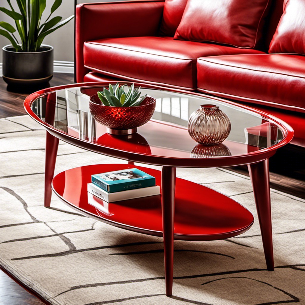 red mid century style coffee table with glass top