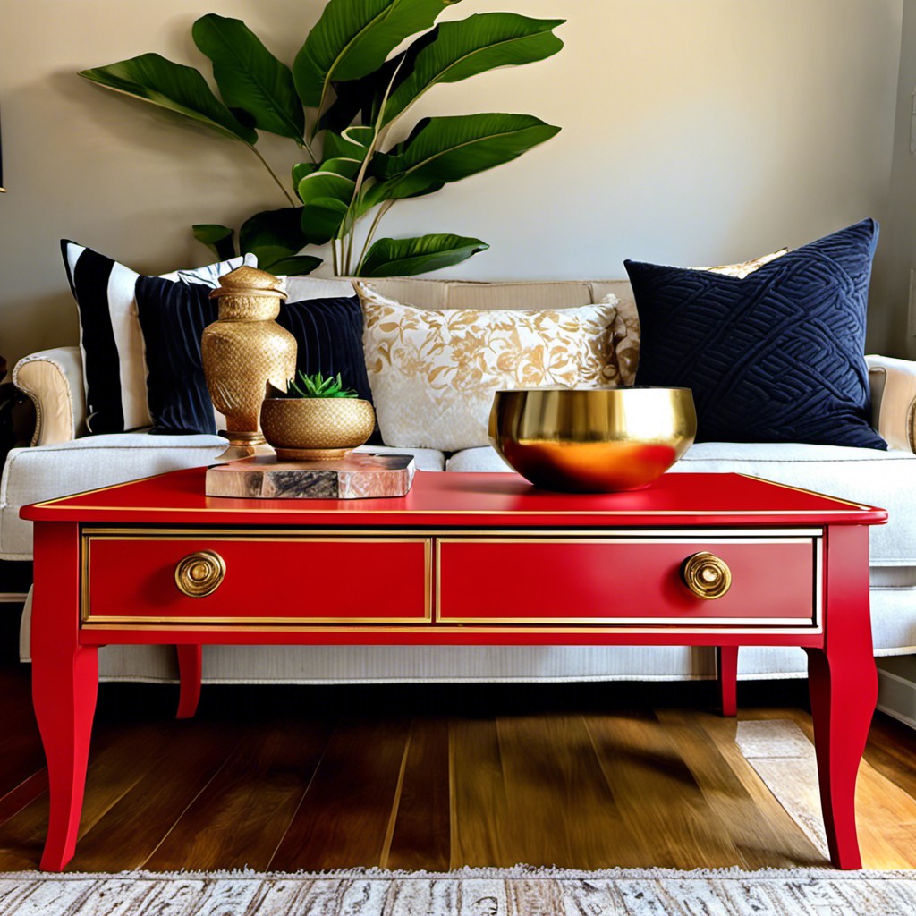 red painted coffee table with gold accents