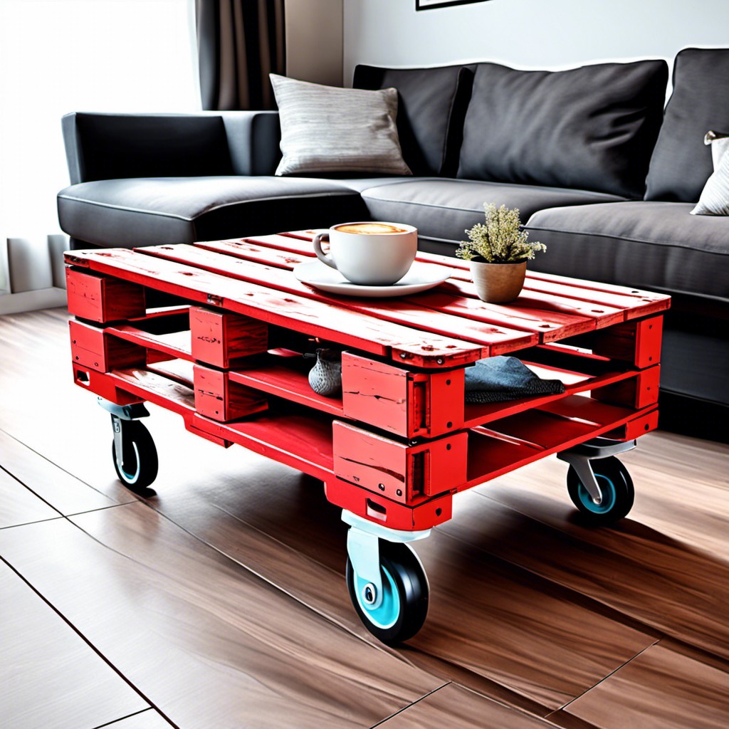 red pallet coffee table with wheels