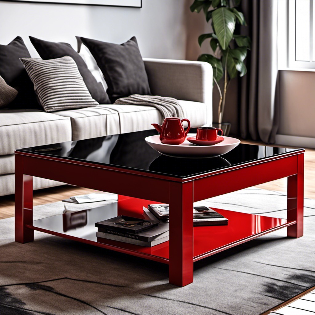 red table with black glass top
