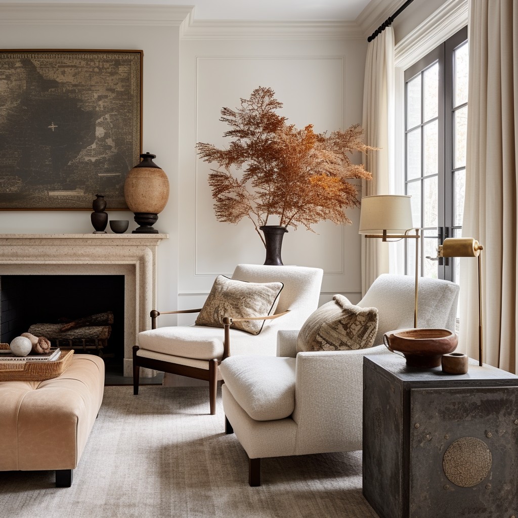 refined living room with a boucle accent chair and antique decor