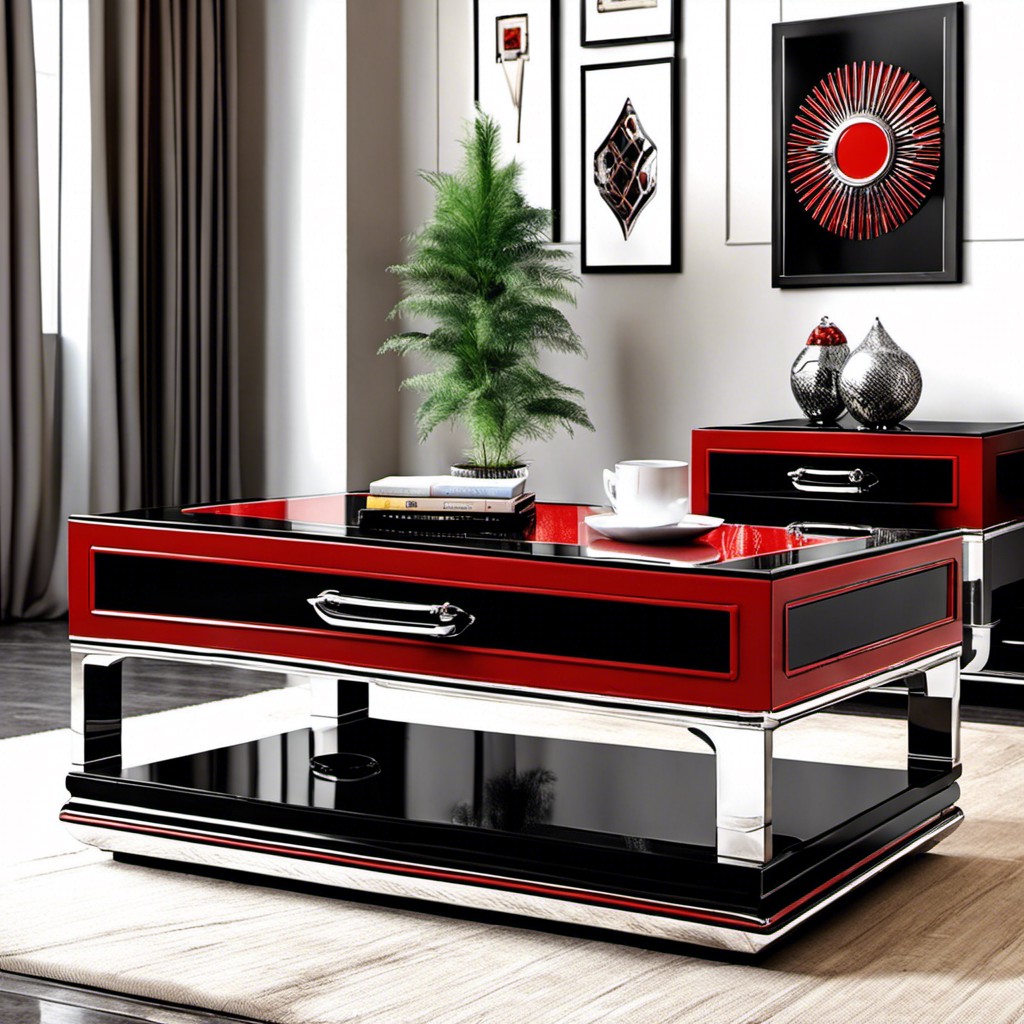retro style black and red coffee table with chrome embellishments